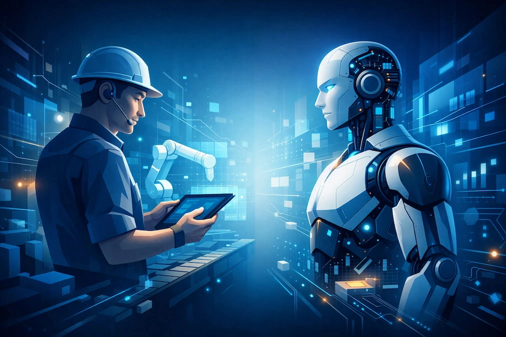 Trabajador humano y robot futurista