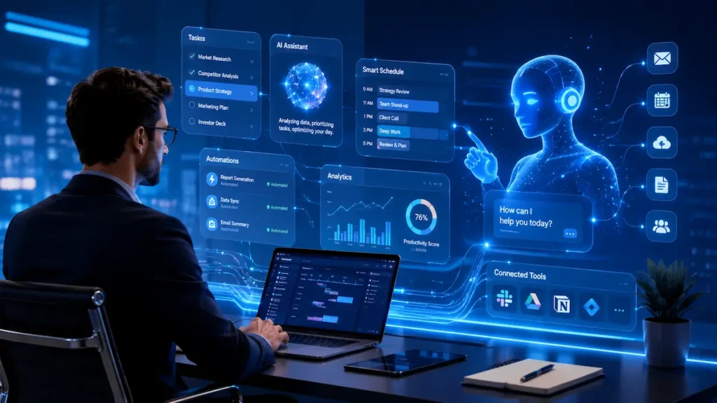 Futuristic workspace with AI assistant
