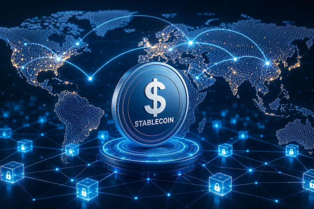 Stablecoin respaldada por el dólar sobre una red blockchain que representa los pagos digitales y las finanzas descentralizadas.