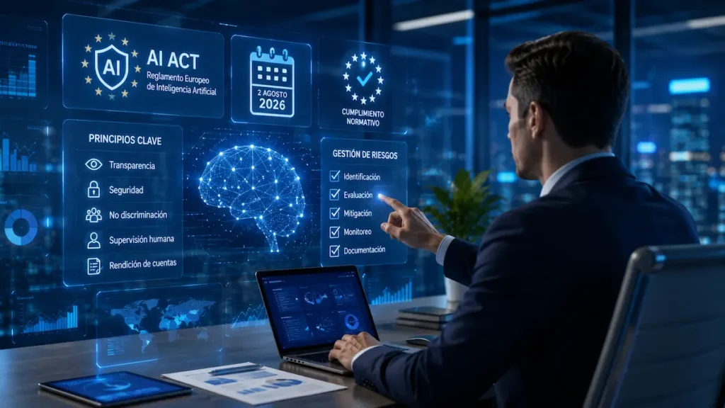 Empresa revisando el cumplimiento del Reglamento Europeo de Inteligencia Artificial mediante herramientas digitales.