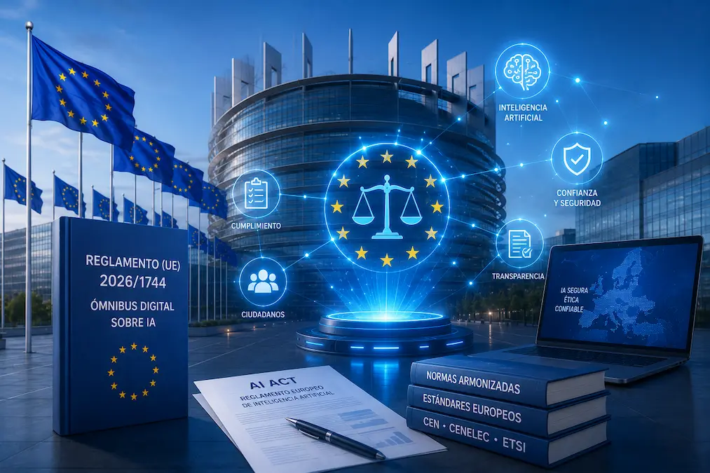 Ilustración del Reglamento (UE) 2026/1744 sobre inteligencia artificial frente al Parlamento Europeo, representando la simplificación del AI Act mediante el nuevo Ómnibus Digital.