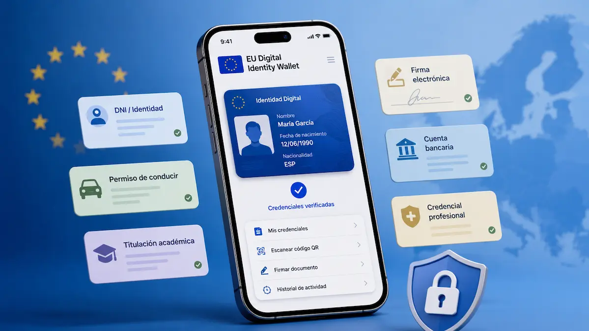 Cartera Europea de Identidad Digital en un móvil con DNI, permiso de conducir, titulación, firma electrónica y credenciales verificadas.