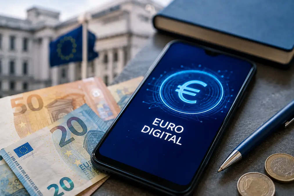 Teléfono móvil mostrando el concepto de euro digital junto a billetes y monedas de euro como representación de una CBDC emitida por el Banco Central Europeo.