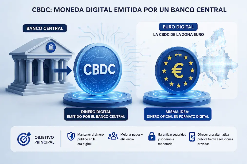 Representación de una CBDC emitida por un banco central junto al concepto de euro digital sobre una infraestructura blockchain.