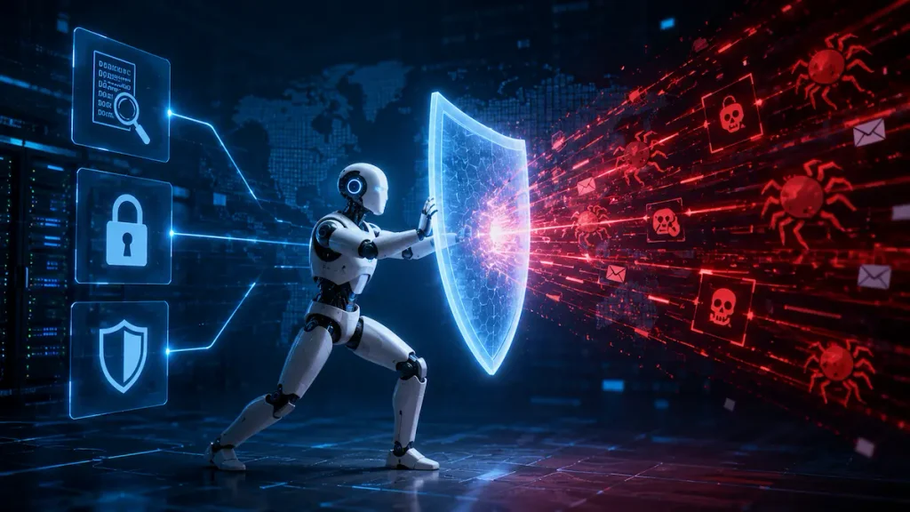 Agente de inteligencia artificial bloqueando un ciberataque y protegiendo un sistema frente a amenazas informáticas.