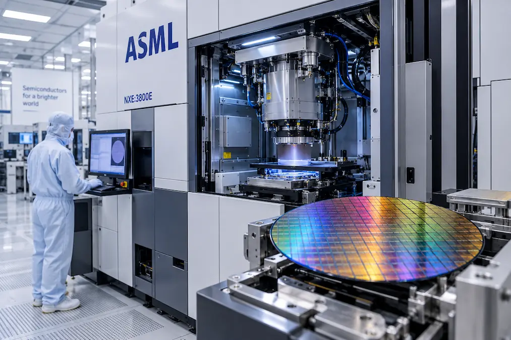 Máquina de litografía EUV de ASML utilizada para fabricar chips avanzados en una oblea de silicio