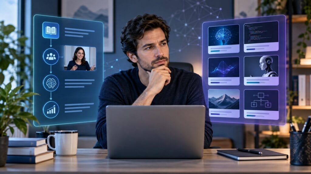 Profesional compara un programa guiado de inteligencia artificial con cursos online independientes