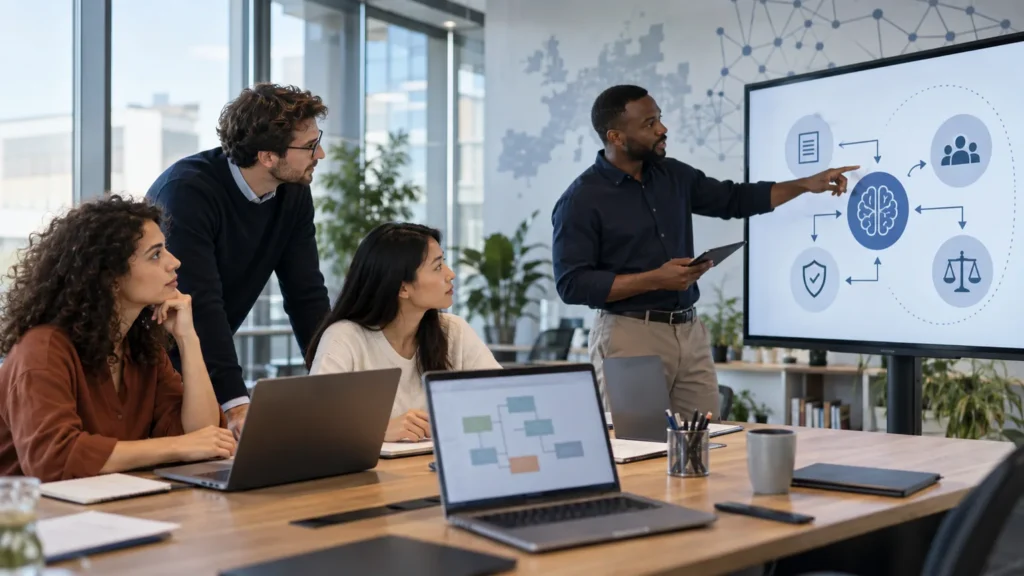 Equipo profesional aprendiendo a utilizar inteligencia artificial responsablemente