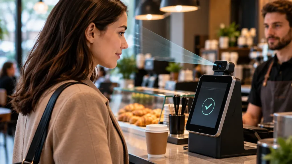 Persona pagando en una cafetería mediante reconocimiento facial sin utilizar tarjeta ni móvil