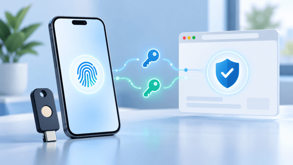 Ilustración de acceso con passkey: móvil con huella, llave de seguridad y sitio verificado