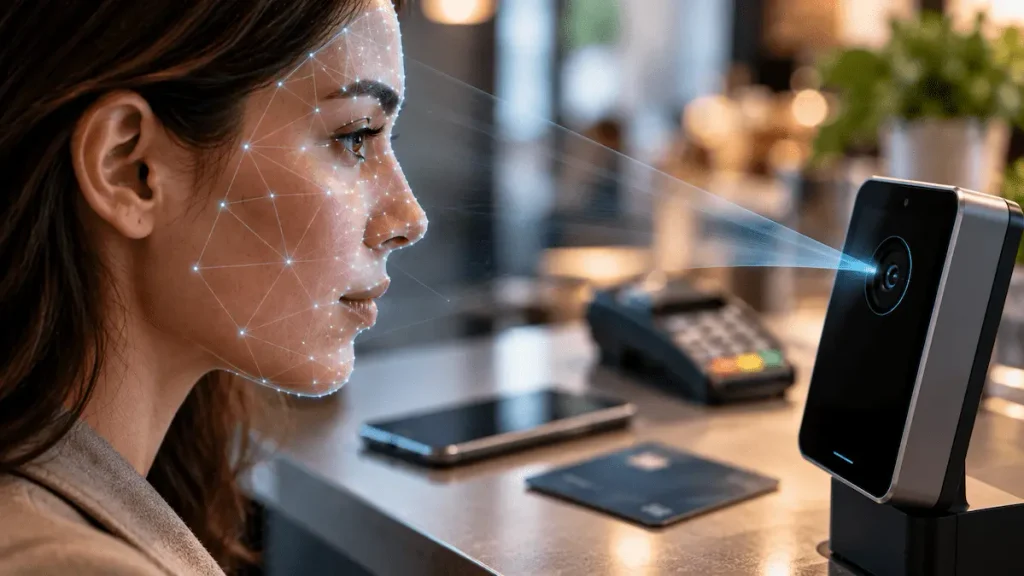 Sistema de reconocimiento facial analizando el rostro de una persona para autorizar un pago biométrico