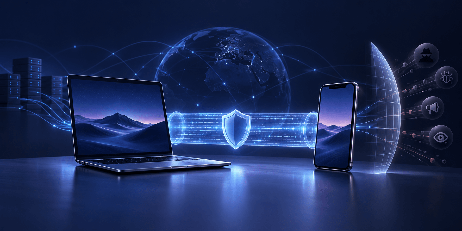Portátil y móvil conectados a través de un túnel VPN cifrado